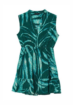 Robe courte à manches courtes, couleur saphir, avec un motif de feuilles, dotée de broderies à œillets, d'un ourlet à volants superposés et d'un décolleté en V.