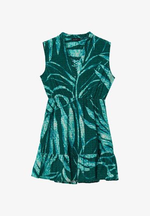 Kurzärmliges türkisfarbenes Kleid mit Blättermuster, das mit Lochstickerei, gestuftem Rüschen-saum und V-Ausschnitt ausgestattet ist.