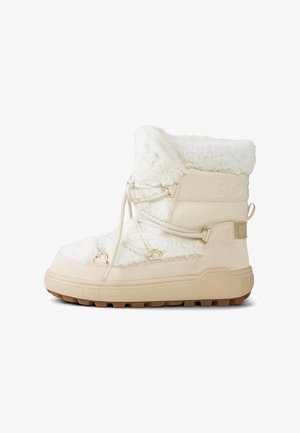 Crèmekleurige laars met een zachte, bontachtige buitenkant. Voorzien van een gewatteerde kraag, veters aan de voorkant en een stevige rubberen zool met gripprofielen.