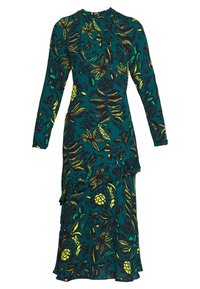 Langarm jurk in donker teal met een bloemenpatroon in geel en groen, voorzien van een gerimpelde zoom en een aansluitend lijfje.