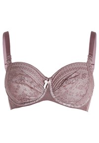Spitzen-Bügel-BH in sanftem Mauve. Mit durchscheinendem floralen Spitzenüberzug, verstellbaren Trägern und dekorativer Schleifendetail in der Mitte.