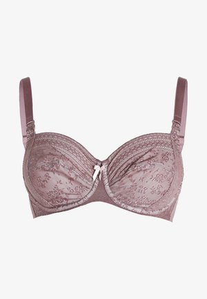 Krajková podprsenka s kosticemi v tlumené fialové barvě. Obsahuje průhledný květinový krajkový potah, nastavitelné ramínka a dekorativní mašličku uprostřed.