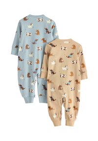 Deux combinaisons pour enfants : l'une en bleu clair et l'autre en beige, toutes deux ornées de diverses illustrations de chiens, fabriquées en tissu doux avec des manches longues et des poignets.