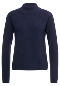 Granatowy sweter z dzianiny z wysokim kołnierzem i długimi rękawami, z teksturowanym ściągaczem w całym materiale oraz luźnym krojem.