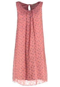 Robe sans manches de couleur corail rose avec un devant plissé, un décolleté en trou de serrure et un motif floral argenté sur l'ensemble, longueur genou avec un tissu léger.