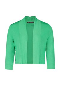Cardigan vert en tissu léger et doux. Présente une ouverture sur le devant, des manches trois-quarts et une texture lisse sans fermetures.