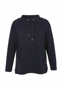 Marineblauwe long-sleeve sweatshirt met hoge kraag, verstelbare trekkoordjes en subtiele studs langs de zijkanten.