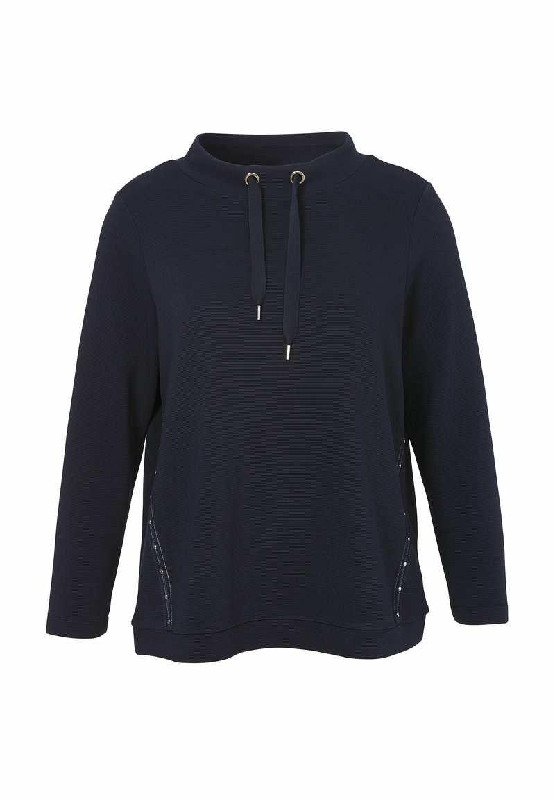 Marineblauwe long-sleeve sweatshirt met hoge kraag, verstelbare trekkoordjes en subtiele studs langs de zijkanten.