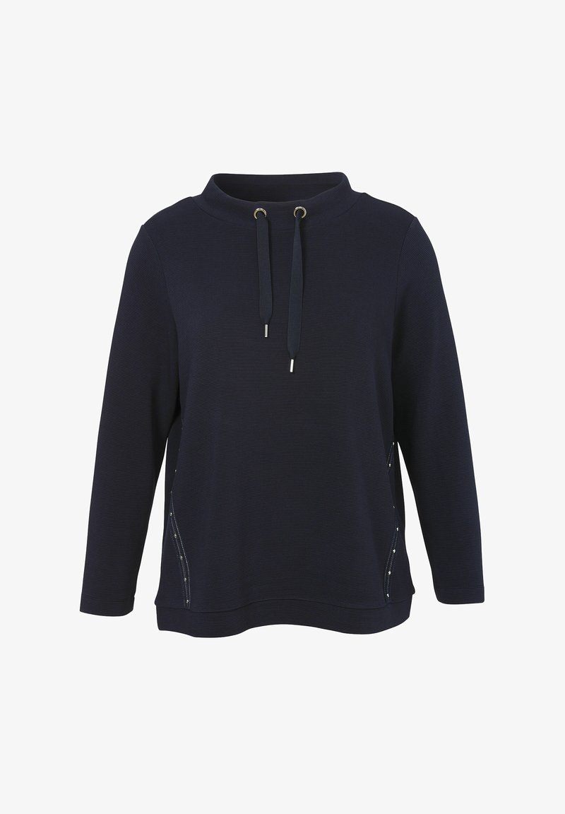 Marineblauwe long-sleeve sweatshirt met hoge kraag, verstelbare trekkoordjes en subtiele studs langs de zijkanten.