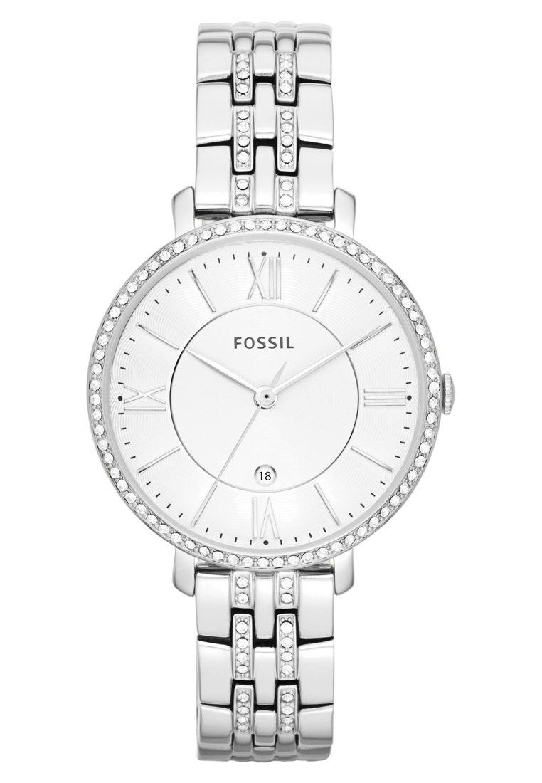 Silberne Edelstahl-Uhr mit rundem Zifferblatt, römischen Ziffern, einem mit Kristallen verzierten Gehäuse und einem mehrgliedrigen Armbanddesign.