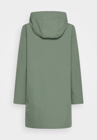 Imperméable vert avec capuche et manches longues, présenté de dos sur fond blanc.