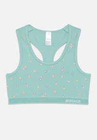 Tyrkis sportsbh med racerback-design, prydet med et lille blomster mønster i pink, lilla og orange, samt "BUFFALO" logoet nederst.