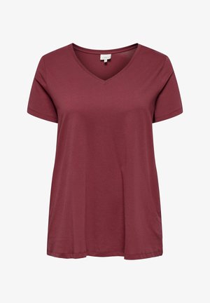 Maroon V-neck t-paita, joka on valmistettu pehmeästä puuvillaseoksesta. Siinä on lyhyet hihat, rento leikkaus ja hienovaraiset sivuaukot lisäämään mukavuutta.