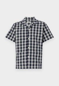 Κοντομάνικο πουκάμισο σε ναυτικό και λευκό καρό σχέδιο, φτιαγμένο από μαλακό ύφασμα, με κουμπιά μπροστά και δύο μπροστινές τσέπες.