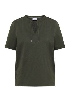 Dames top met korte mouwen in olijfgroen, voorzien van een ronde halslijn en een voorste keyhole-detail met verstelbare trekkoordjes.