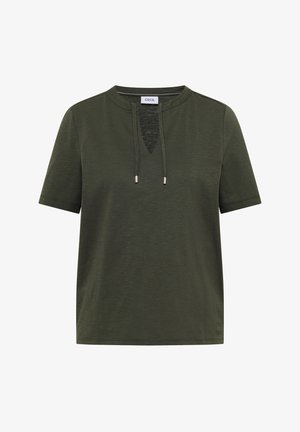 Haut court pour femmes de couleur vert olive, manches courtes, avec un col rond et un détail en forme d'œillet à l'avant muni de cordons ajustables.