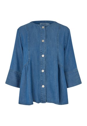 Modrá džínová košile s kulatým výstřihem, pěti knoflíky vpředu, tříčtvrtečními rukávy a volným, rozšířeným střihem.