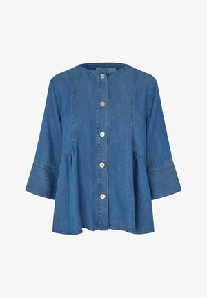 Niebieska koszula dżinsowa z okrągłym dekoltem, pięcioma guzikami z przodu, rękawami o długości do połowy przedramienia oraz luźnym, rozkloszowanym krojem.