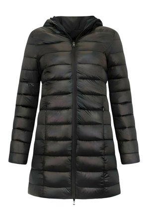 Zwarte lange pufferjas met horizontale stiksels, volledige voorrits en aangehechte capuchon, ontworpen voor koud weer.