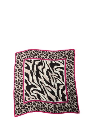 Quadratisches Tuch mit schwarz-weißem Zebramuster in der Mitte, Leopardenmuster am Rand und hellrosa Umrandung.