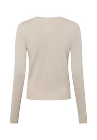 Leichtgewichtiger beigefarbener Pullover mit langen Ärmeln, geripptem Ausschnitt und Saum sowie glatter Textur. Verfügt über eine einfache, taillierte Silhouette.