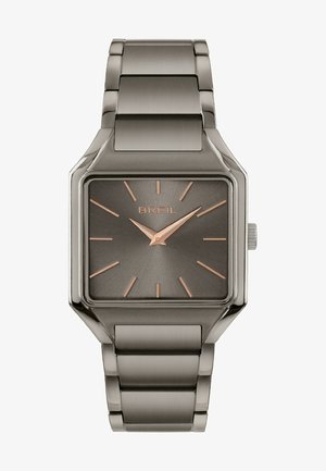 Montre carrée Breil avec un cadran gris foncé, des aiguilles et des index en or rose, et un bracelet en acier inoxydable poli. Design minimaliste et lignes épurées.