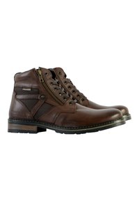 Bottines en cuir marron avec une finition lisse, dotées de fermetures éclair en métal, d'un devant à lacets et d'un panneau latéral texturé. Semelle en caoutchouc avec un léger talon.