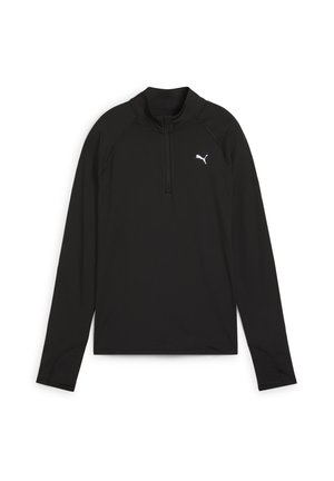 Czarna sportowa koszulka z długim rękawem, z krótkim zamkiem przy szyi i białym logo Puma na lewej piersi, otwory na kciuki na mankietach.