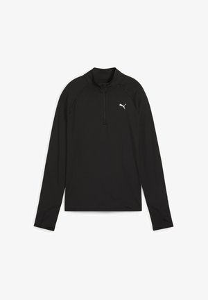 Top sport negru cu mâneci lungi, guler cu fermoar până la sfert, logo Puma alb pe pieptul stâng, găuri pentru degetele mari la manșete.