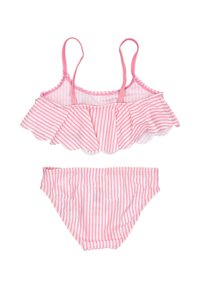 Vaaleanpunainen ja valkoinen raidallinen kaksiosainen uimapuku, jossa on röyhelötoppi ja ohuet olkaimet tytöille.