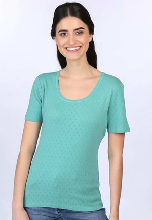 Teal kurzärmliges Oberteil mit Rundhalsausschnitt und strukturiertem Diamantmuster. Hergestellt aus weichem Material hat es einen körpernahen Schnitt und ein lässiges Design.