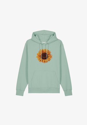 Mint green hoodie with a central sunflower graphic, featuring detailed petals and a dark center, complete with a front pocket and drawstring hood.
