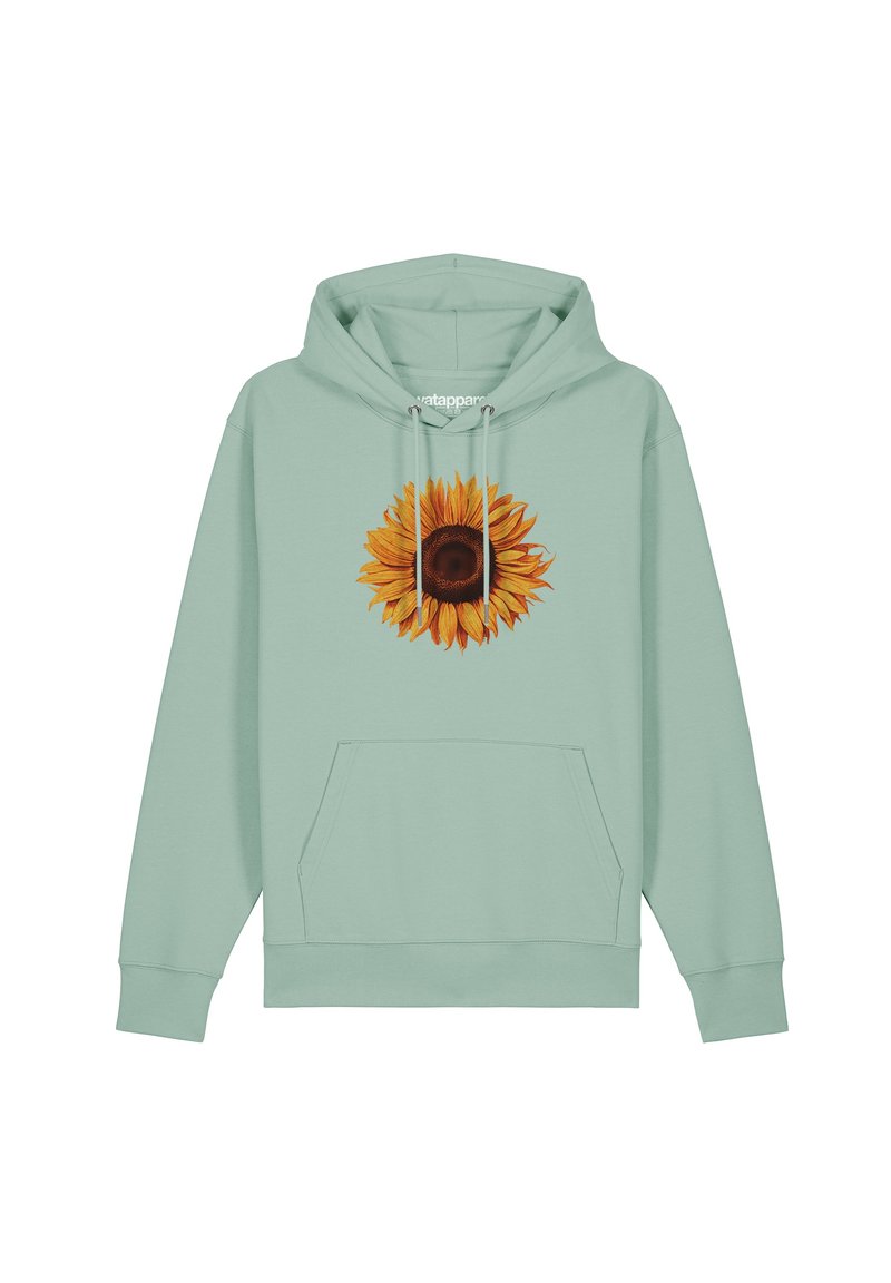 Mintgrüner Hoodie mit einem zentralen Sonnenblumenmotiv, das detaillierte Blütenblätter und ein dunkles Zentrum aufweist, komplett mit einer Brusttasche und einem Kordelzugkapuze.