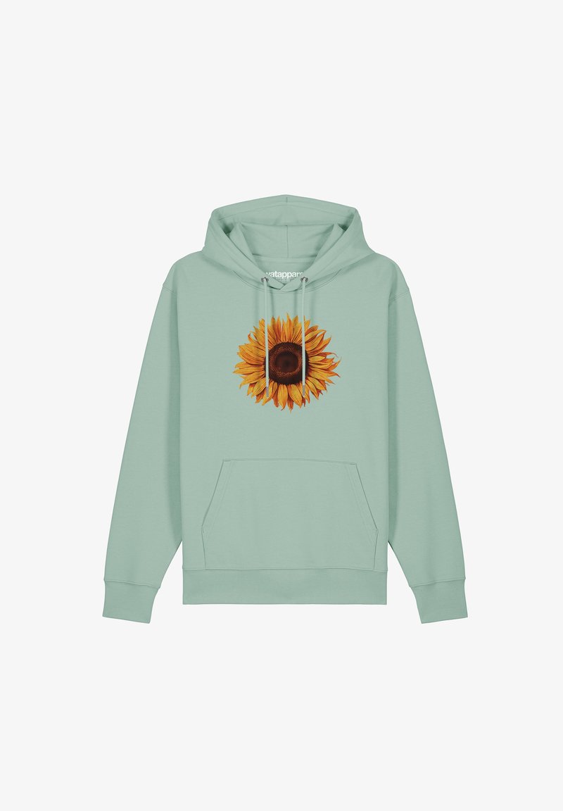 Mintgrüner Hoodie mit einem zentralen Sonnenblumenmotiv, das detaillierte Blütenblätter und ein dunkles Zentrum aufweist, komplett mit einer Brusttasche und einem Kordelzugkapuze.