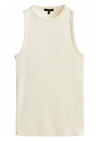Ärmelloses cremefarbenes Tanktop aus glattem Stoff, mit Rundhalsausschnitt und geradem, sauberem Saum. Keine sichtbaren Logos oder Muster.