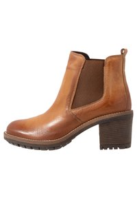 Braune Leder-Stiefelette mit elastischen Seitenpaneelen, runder Kappe und strukturiertem Blockabsatz. Verfügt über eine Schlaufe zum einfachen An- und Ausziehen.