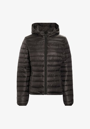 Black padded jacket with a hood, zip closure, ribbed cuffs, and water-resistant fabric. Features vertical quilted patterns. Lightweight design.