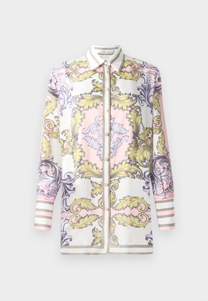 Long-sleeve button-up shirt featuring a pink, yellow, and purple baroque pattern, with a contrasting white collar and striped cuffs.
