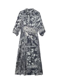 Abito lungo blu navy con intricati motivi floreali e paisley bianchi, dotato di colletto e maniche a tre quarti.