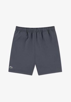 Tmavě šedé plavkové šortky s elastickým pasem, zdobené malým zeleno-červeným logem. Vyrobené z lehké, texturované látky.