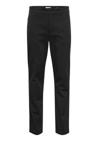 Black cotton chinos with a straight-leg design, featuring a front button closure, belt loops, and side pockets for functionality.