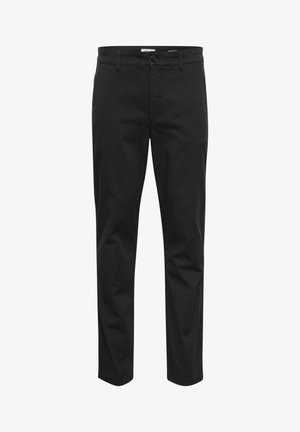 Chinos de algodón negros con un diseño de pierna recta, que cuentan con un cierre frontal de botón, trabillas para cinturón y bolsillos laterales para mayor funcionalidad.