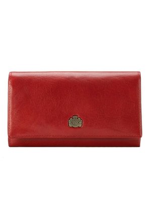 Red leather wallet with a smooth texture, featuring a gold emblem on the front and simple stitching along the edges. Rectangular shape.