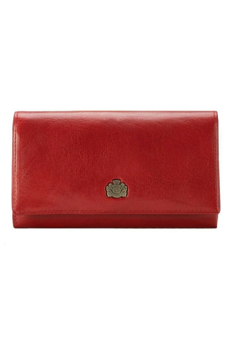 Portafoglio in pelle rossa con una texture liscia, caratterizzato da un emblema dorato sul davanti e una semplice cucitura lungo i bordi. Forma rettangolare.