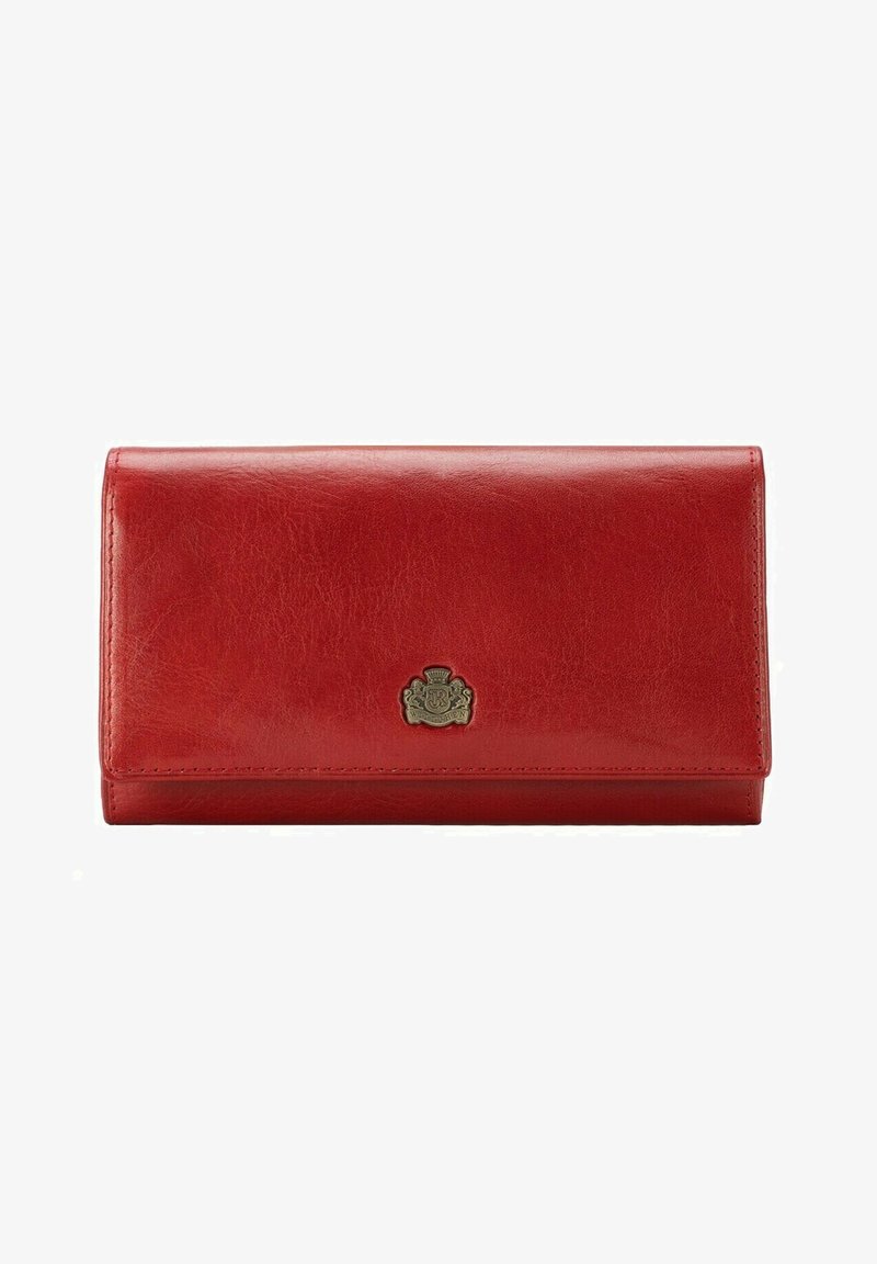Rote Lederbörse mit glatter Textur, ausgestattet mit einem goldenen Emblem auf der Vorderseite und schlichten Nähten entlang der Kanten. Rechteckige Form.