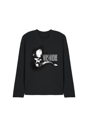 Schwarzes Langarmshirt mit weißer Totenkopf-Grafik und dem Text "MORSMORDRE" in großen Großbuchstaben quer über der Brust.