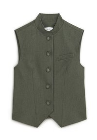 Gilet sans manches en tissu vert foncé, avec un col mandarin, une fermeture à six boutons et une petite poche sur la poitrine gauche. Design texturé.
