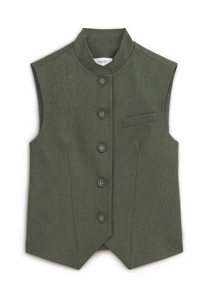 Gilet sans manches en tissu vert foncé, avec un col mandarin, une fermeture à six boutons et une petite poche sur la poitrine gauche. Design texturé.