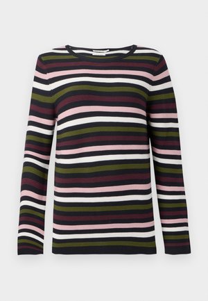 Pull à manches longues rayé en marine, bordeaux, vert, rose et blanc. Texture côtelée avec un col rond et des manches ajustées.