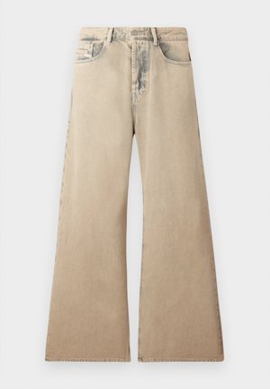 Beige wide-leg jeans with faded texture, five-pocket design, and stitched detailing along seams. Waist has a traditional button closure.